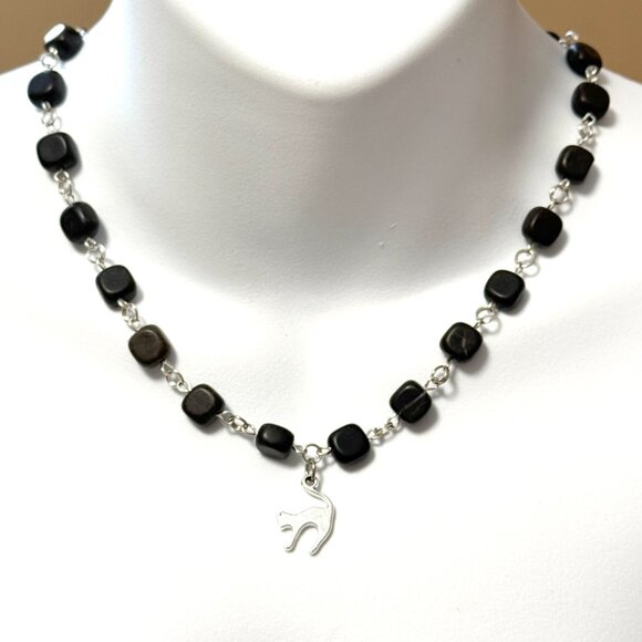 Genuine Black Agate Short Necklace, Gemstone Cube & Cute Slim Cat Pendant - Picture 2 of 12